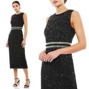 Mac Duggal Black Beaded Midi Dress with Silver Waistband